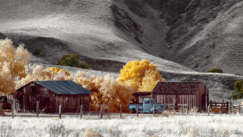 At the base of a large hill, an old blue truck is parked in front of a barn and some ancient farm equipment. 
